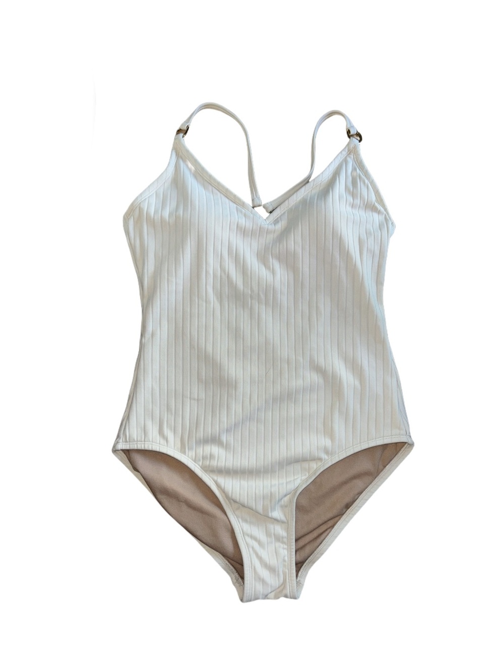 Kona Sol Ivory Cream Off White Ribbed One-Piece Swimsuit Resortwear Beach Size M